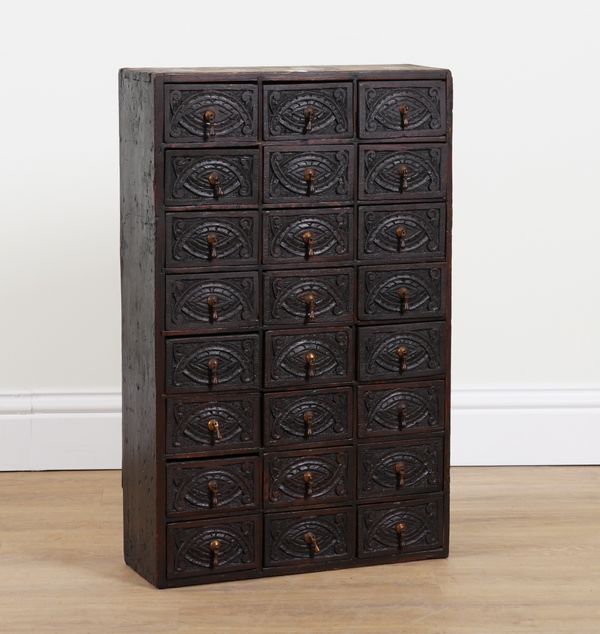 AN 18TH CENTURY AND LATER TWENTY-FOUR DRAWER OAK SPICE CHEST