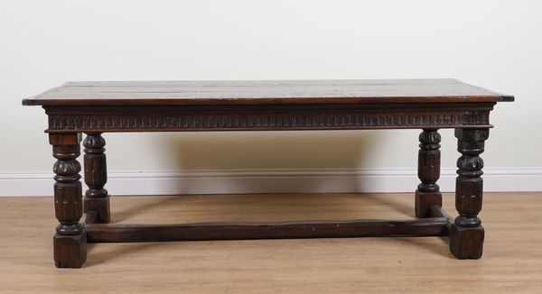 A 17TH CENTURY AND LATER OAK PLANK TOP REFECTORY TABLE