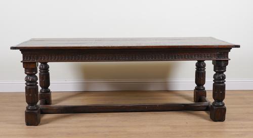 A 17TH CENTURY AND LATER OAK PLANK TOP REFECTORY TABLE