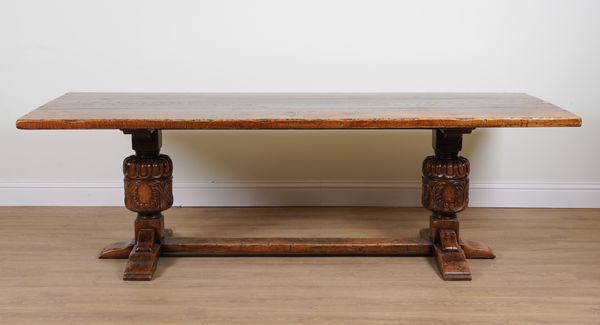 AN 18TH CENTURY STYLE OAK PLANK TOPPED REFECTORY TABLE