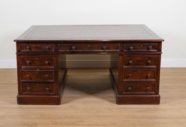 A 19TH CENTURY MAHOGANY NINE DRAWER PARTNER'S PEDESTAL DESK