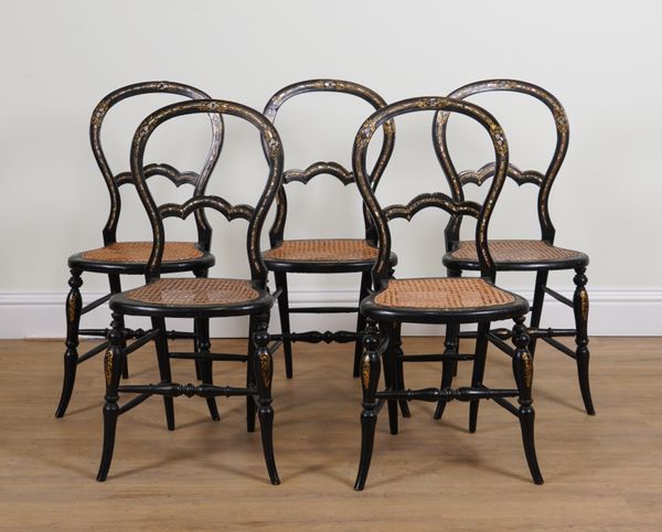 A SET OF FIVE VICTORIAN BLACK LACQUER MOTHER-OF-PEARL INLAID, PAPIER MACHE BEDROOM CHAIRS (5)