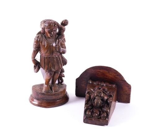 A GROUP OF CARVED PANELS, BRACKETS AND A FIGURE OF SAINT CHRISTOPHER (6)