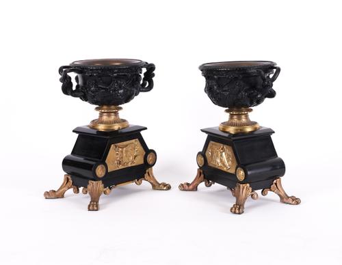 A PAIR OF FRENCH PATINATED BRONZE AND GILT-METAL MOUNTED WARWICK VASES AFTER THE ANTIQUE (2)