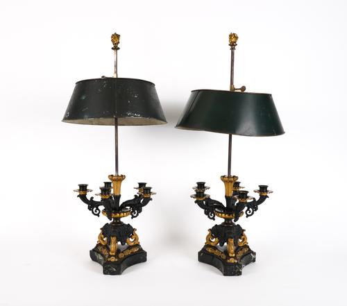 A PAIR OF FRENCH GILT AND PATINATED BRONZE FIVE LIGHT CANDELABRA (2)