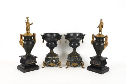 A PAIR OF FRENCH GILT AND PATINATED BRONZE MOUNTED URNS AND COVERS WITH GOD AND GODDESS FINIALS (4)