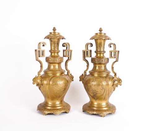 A PAIR OF FRENCH BARBEDIENNE STYLE GILT-BRONZE ORNAMENTAL URNS (2)