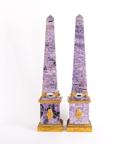 A PAIR OF EMPIRE STYLE GILT-METAL MOUNTED PURPLE HARDSTONE OBELISKS (2)