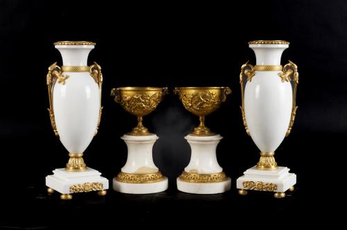 A PAIR OF LOUIS XVI STYLE GILT-METAL MOUNTED MARBLE URNS AND A PAIR OF TAZZE (4)