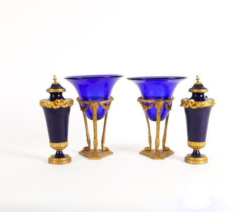 A PAIR OF LOUIS XVI SEVRES STYLE GILT-METAL MOUNTED EARTHENWARE URNS AND A PAIR OF GILT-METAL MOUNTED GLASS VASES  (4)