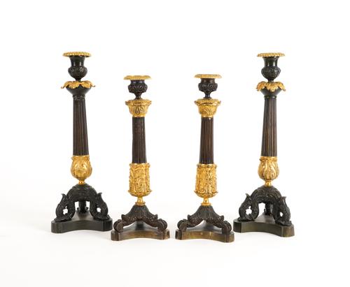 TWO PAIRS OF RESTAURATION STYLE GILT AND BRONZE PATINATED METAL CANDLESTICKS (4)