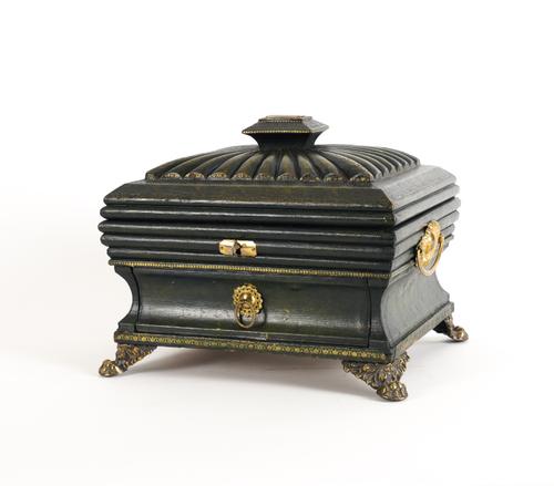 A FRENCH LOUIS-PHILIPPE GILT-BRASS MOUNTED GILT-TOOLED GREEN LEATHER WORK BOX COMBINED PAINT BOX