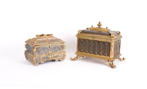 A GILT-METAL MOUNTED JEWELLERY CASKET AND A LOUIS XV STYLE JEWELLERY CASKET (2)