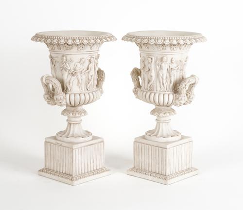 A PAIR OF WHITE COMPOSITE ‘MEDICI’ CAMPANA URNS ON BASES AFTER THE GRAND TOUR (2)
