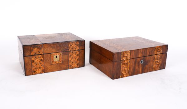 A VICTORIAN TUNBRIDGE WARE INLAID WALNUT RECTANGULAR JEWELLERY BOX (2)