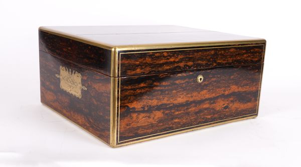 S.MORDAN AND CO LONDON; A LARGE BRASS INLAID COROMANDEL RECTANGULAR LIFT TOP BOX