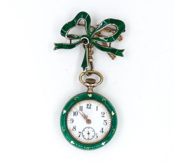 A SILVER GILT AND GREEN ENAMEL KEYLESS WIND OPENFACED FOB WATCH