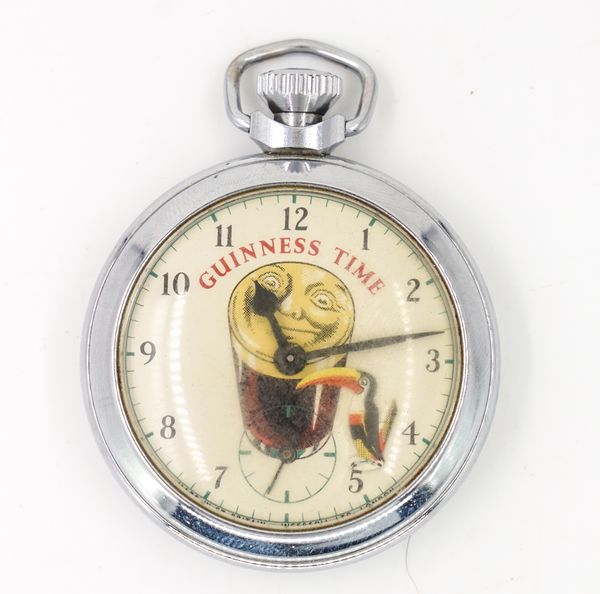 A GUINNESS TIME BASE METAL CASED, KEYLESS WIND, OPENFACED POCKET WATCH