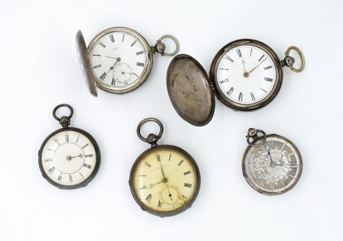 FIVE MOSTLY SILVER KEY WIND WATCHES (5)