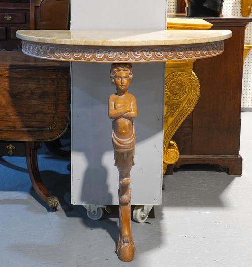 A MATCHED PAIR OF ITALIAN MARBLE TOPPED CONSOLE TABLES (2)