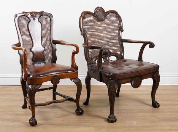 A MID 18TH CENTURY STYLE CARVED MAHOGANY FRAMED OPEN ARMCHAIR (2)