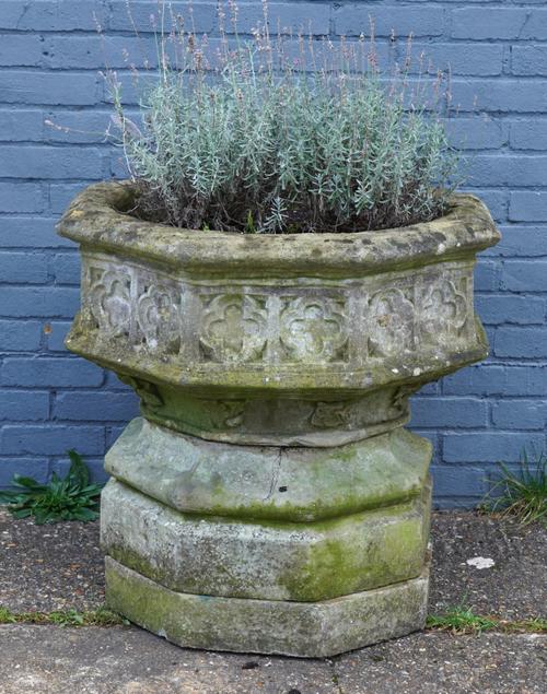 A GOTHIC REVIVAL RECONSTITUTED STONE OCTAGONAL FONT BASIN
