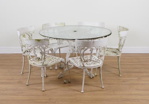 A WHITE PAINTED CAST ALUMINIUM GLASS TOPPED CIRCULAR GARDEN TABLE (8)