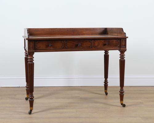 GILLOWS LANCASTER;  AN EARLY 19TH CENTURY MAHOGANY GALLERIED THREE DRAWER WRITING TABLE