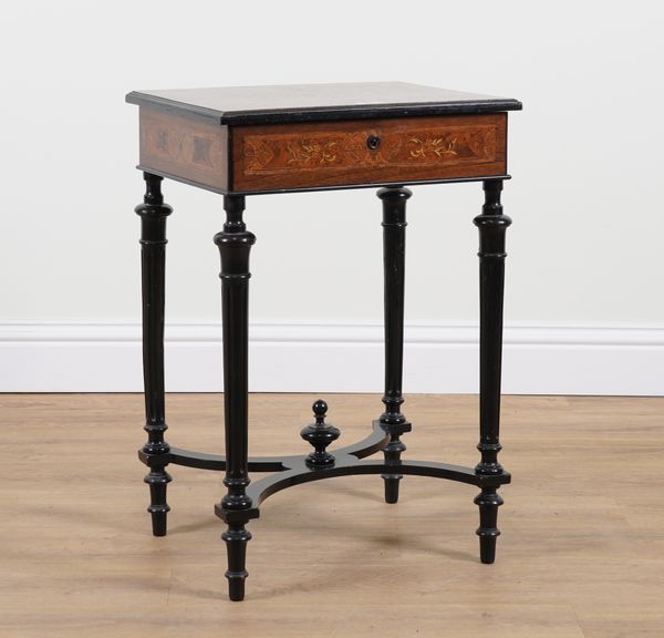 A 19TH CENTURY FRENCH MARQUETRY INLAID MAHOGANY AND AMBOYNA  LIFT TOP WORK TABLE