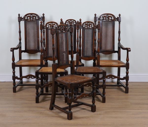 A SET OF SIX 17TH CENTURY STYLE CARVED OAK DINING CHAIRS (6)