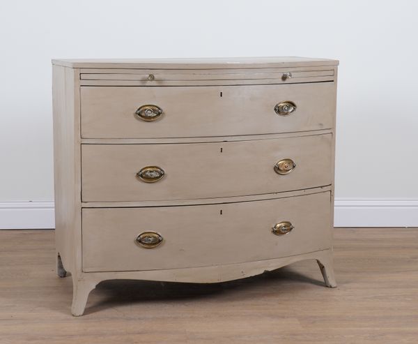 A 19TH CENTURY AND LATER GREY PAINTED BOWFRONT THREE DRAWER CHEST