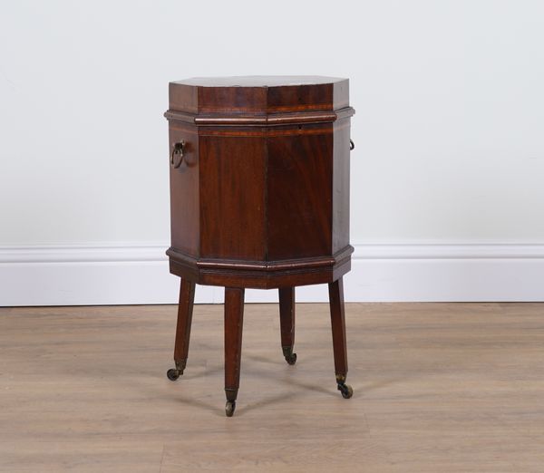 A GEORGE III INLAID MAHOGANY OCTAGONAL WINE COOLER ON STAND