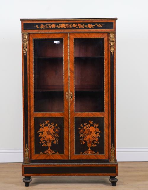 A 19TH CENTURY FRENCH MARQUETRY INLAID GILT METAL MOUNTED WALNUT TWO DOOR DISPLAY CABINET