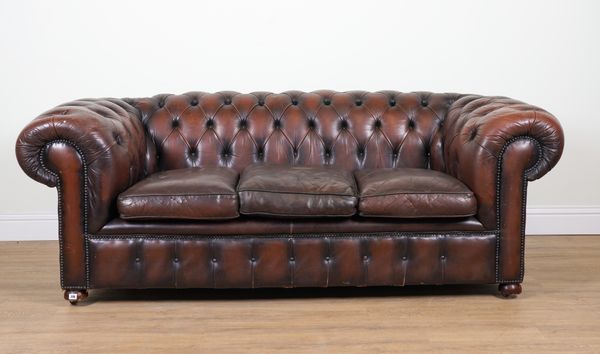 A VICTORIAN STYLE STUDDED TAN LEATHER UPHOLSTERED CHESTERFIELD SOFA