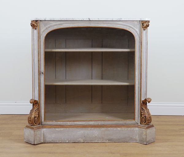 A 19TH CENTURY FRENCH BLUE PAINTED PARCEL GILT MARBLE TOPPED SIDE CABINET