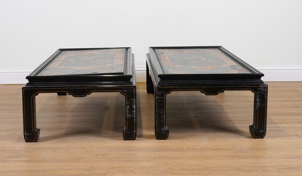 MALLETT; A PAIR OF CHINOISERIE DECORATED RECTANGULAR LOW TABLES (2)