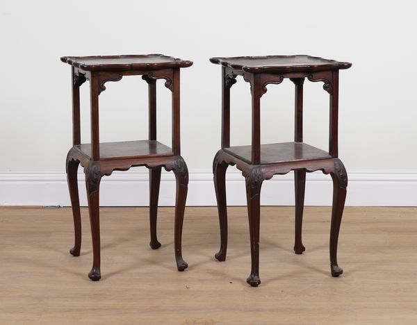 A PAIR OF VICTORIAN STYLE MAHOGANY TWO TIER SIDE TABLES (2)