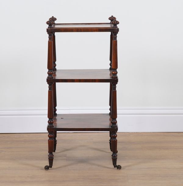 POSSIBLY GILLOWS; A SMALL REGENCY ROSEWOOD THREE TIER WHATNOT