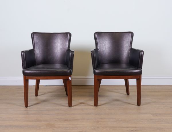 A PAIR OF FAUX BLACK LEATHER UPHOLSTERED ARMCHAIRS (2)