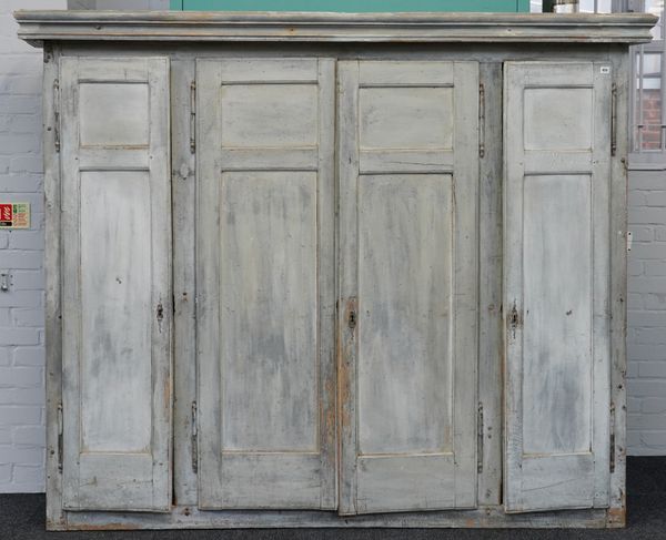 A LARGE 18TH CENTURY FRENCH GREY PAINTED FOUR DOOR CUPBOARD