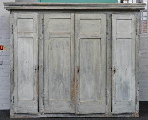A LARGE 18TH CENTURY FRENCH GREY PAINTED FOUR DOOR CUPBOARD