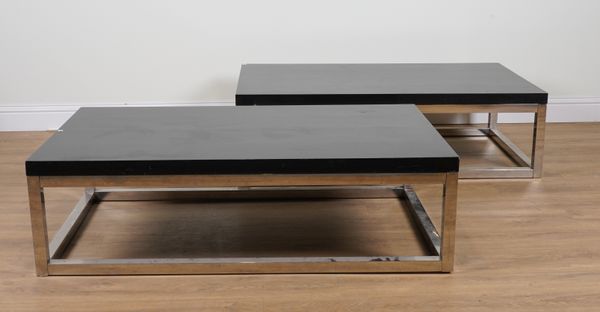 A PAIR OF BLACK LACQUER AND CHROME RECTANGULAR COFFEE TABLES (2)