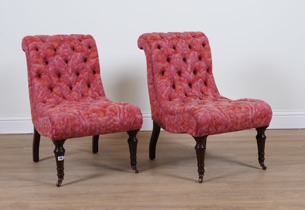 GEORGE SMITH; A PAIR OF PATTERNED PINK BUTTON BACK UPHOLSTERED, SCROLL BACK ARMCHAIRS (2)