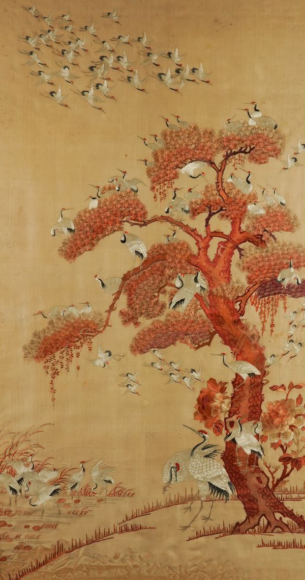 A CHINESE EMBROIDERED SILK RECTANGULAR PANEL