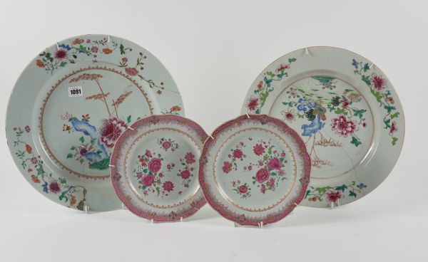 TWO CHINESE EXPORT FAMILLE ROSE CHARGERS (4)