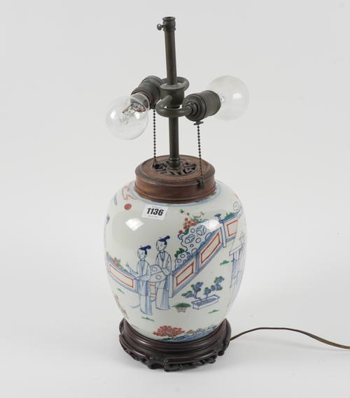 A CHINESE PORCELAIN OVIFORM JAR  ADAPTED AS A LAMP