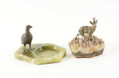 TWO AUSTRIAN COLD PAINTED BRONZES:  A CHAMOIS AND A GROUSE MOUNTED ASHTRAY (2)