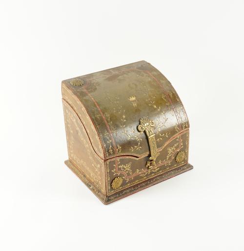 A GILT-TOOLED GREEN LEATHER LETTER WRITING BOX AND A GEORG JENSEN SIGN (2)