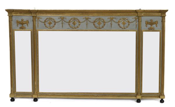 A REGENCY STYLE PARCEL GILT TRIPLE PLATE OVERMANTEL WALL MIRROR