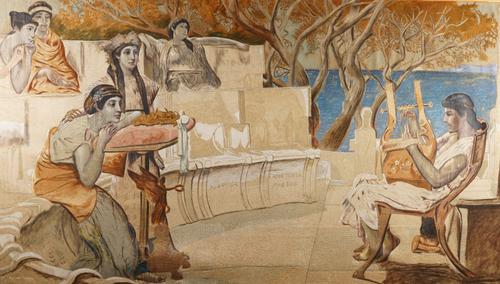 A COPY AFTER SIR LAWRENCE ALMA TADEMA R.A (1839-1912): A LARGE MIXED MEDIA PANEL DEPICTING SAPPHO AND ALCAEUS